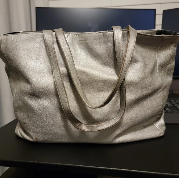 Authentic Yves Saint Laurent Silver Leather Reversible Shopper Tote Bag